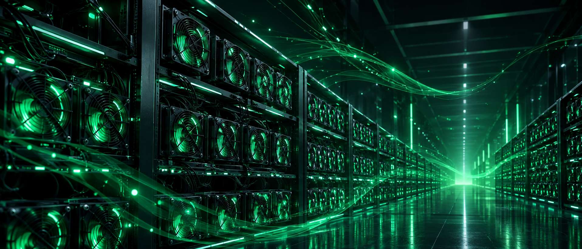 Rows of mining rigs with glowing fans in a dark data center