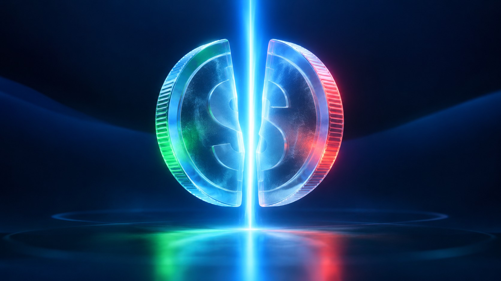 Coin being split into two halves by a beam of light