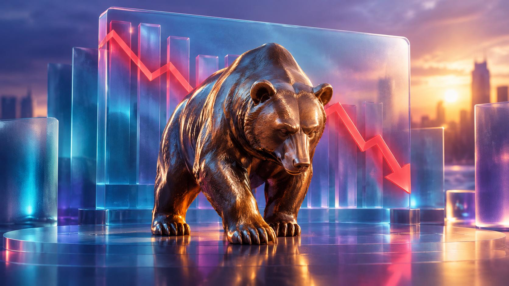 Bronze bear statue with a descending red chart behind it