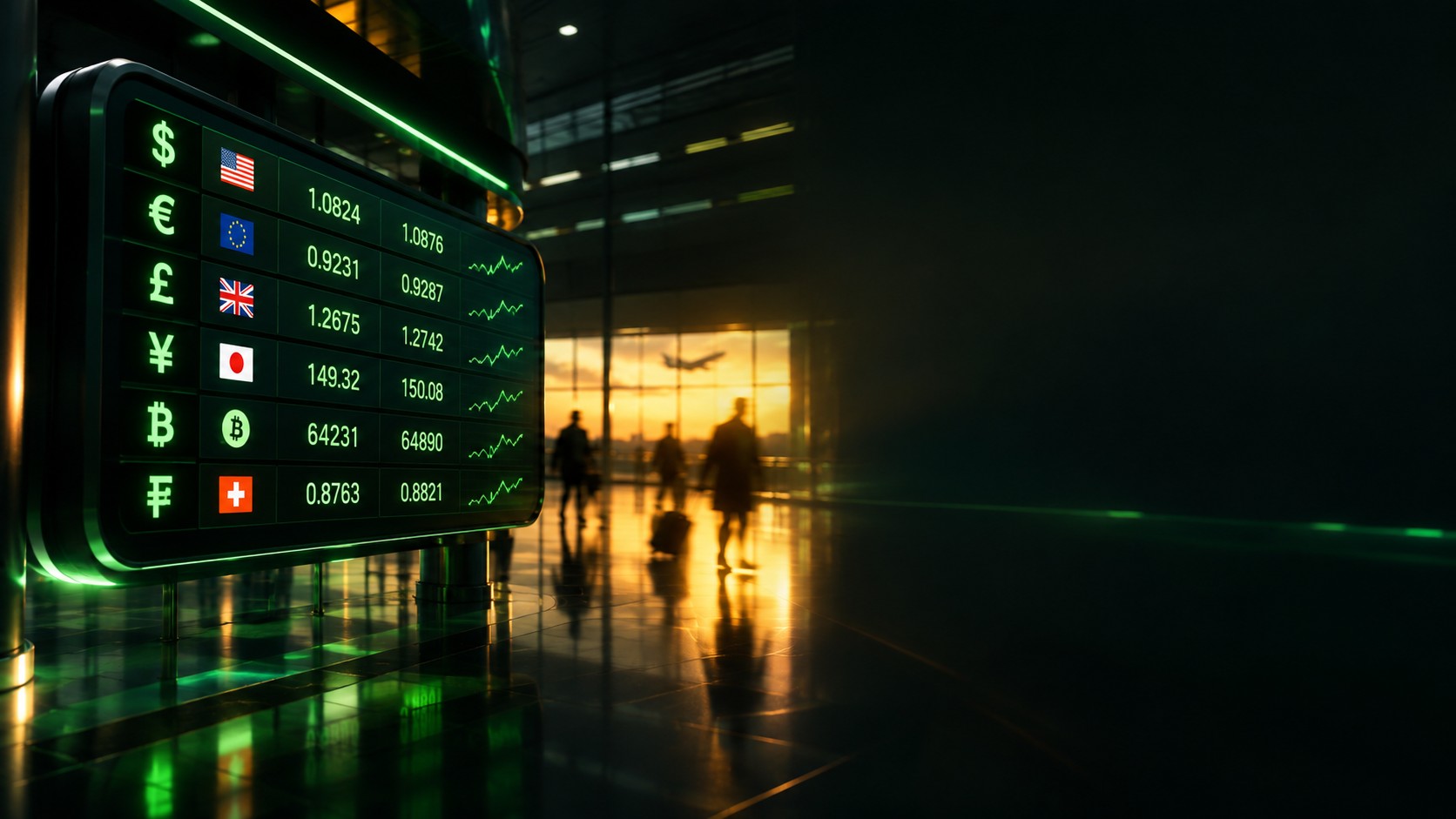 Airport style currency exchange rate board with abstract digits and blurred figures