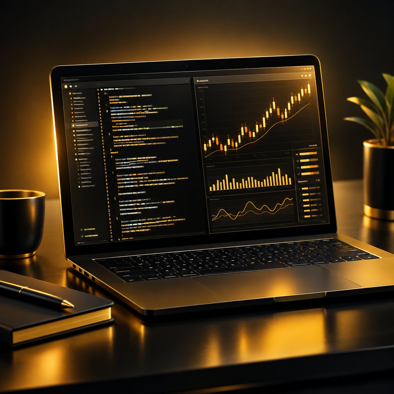 Code on a screen next to live charts in a developer workspace