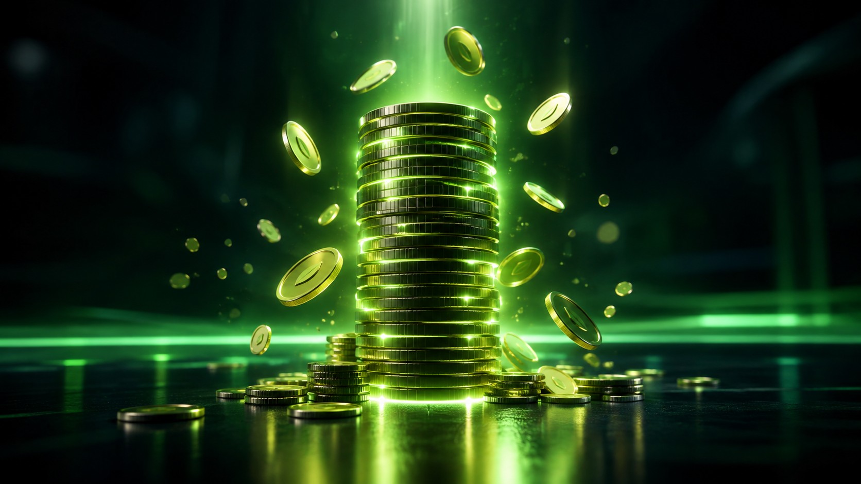 Coins stacked into a glowing tower that emits small reward coins